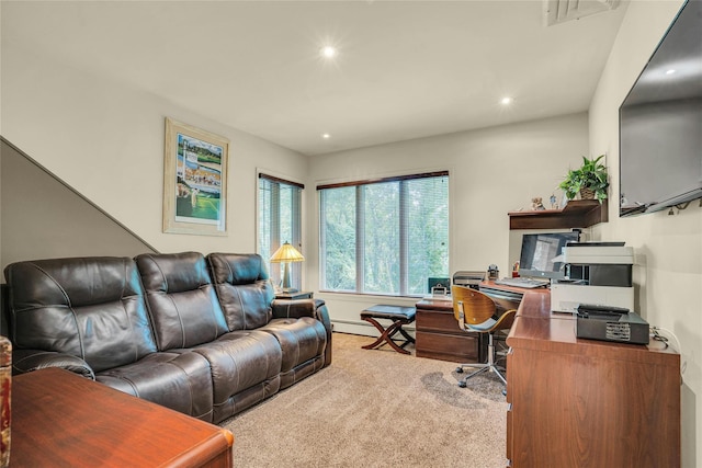 home office featuring carpet floors, visible vents, and recessed lighting