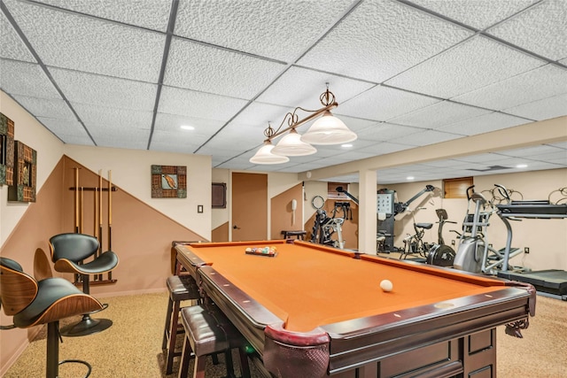 game room with carpet floors, recessed lighting, a paneled ceiling, and baseboards