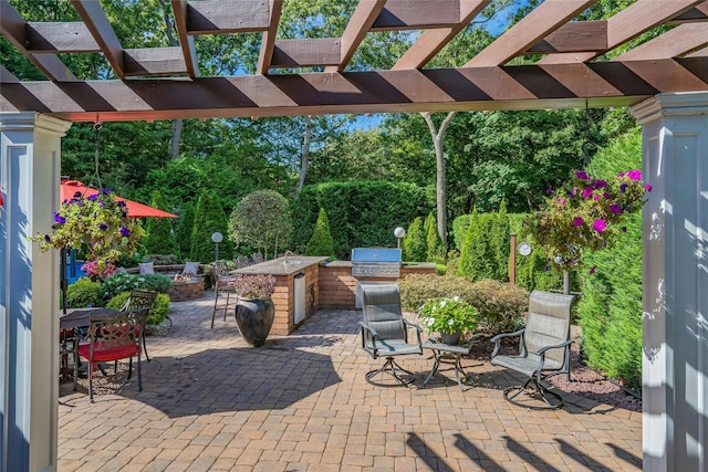 view of patio / terrace with outdoor dining area, an outdoor kitchen, a pergola, and area for grilling