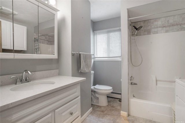 bathroom featuring shower / tub combo, toilet, tile patterned floors, baseboard heating, and vanity