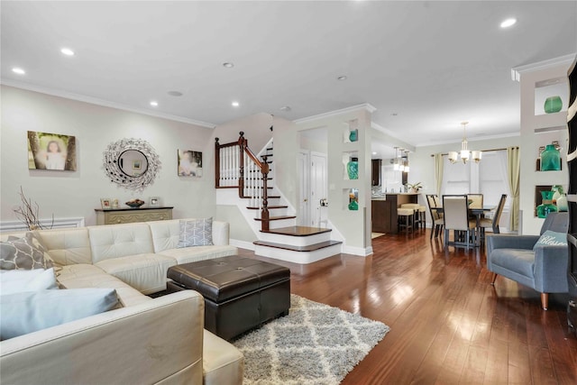 living room featuring recessed lighting, stairway, dark wood-style floors, and crown molding