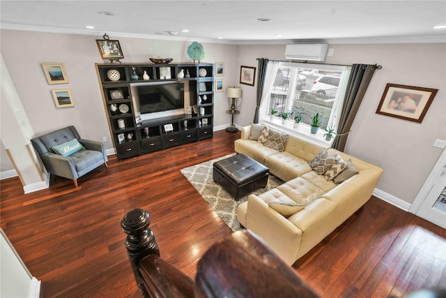 living area featuring baseboards, wood finished floors, crown molding, and a wall unit AC