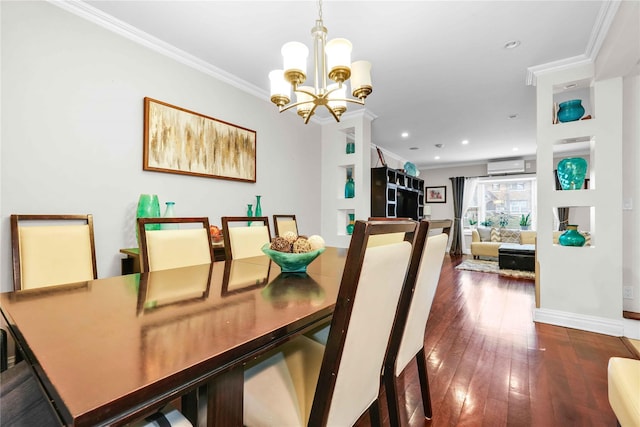 dining area with a wall mounted AC, an inviting chandelier, crown molding, and hardwood / wood-style flooring