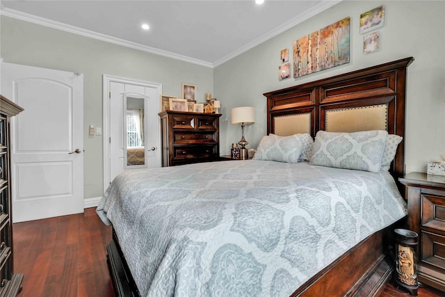 bedroom with recessed lighting, baseboards, dark wood-type flooring, and ornamental molding