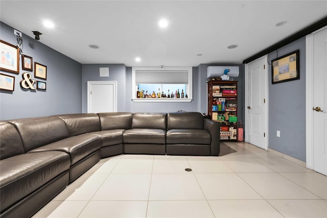 tiled living area featuring recessed lighting