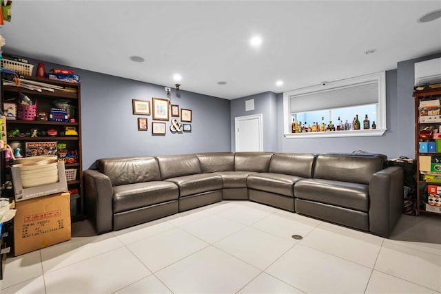 tiled living room with recessed lighting and an AC wall unit