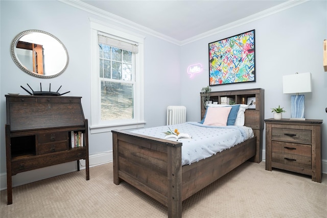 bedroom featuring light carpet, radiator, baseboards, and ornamental molding