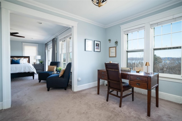 carpeted office featuring a ceiling fan, baseboards, and ornamental molding