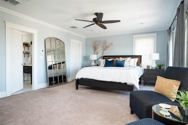 bedroom with visible vents, carpet floors, and ornamental molding