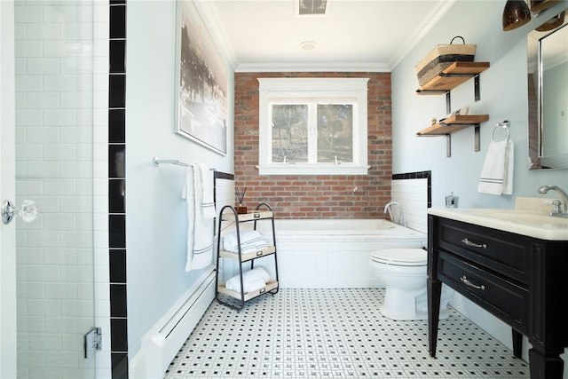 full bathroom with visible vents, ornamental molding, brick wall, and a bath