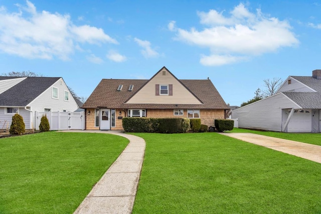 view of front of property featuring a shingled roof, a gate, fence, and a front lawn