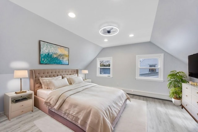 bedroom with light wood-type flooring, recessed lighting, and lofted ceiling