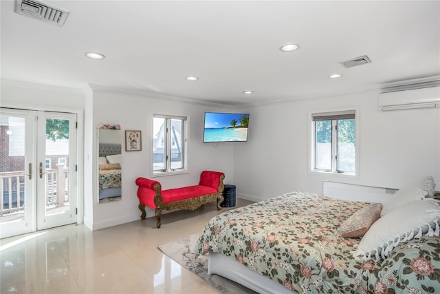 bedroom with access to exterior, a wall unit AC, recessed lighting, visible vents, and ornamental molding