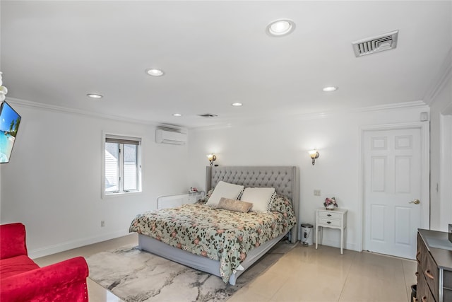 bedroom featuring a wall mounted AC, recessed lighting, visible vents, and crown molding