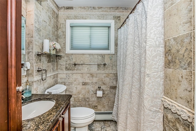 full bath featuring a baseboard heating unit, vanity, toilet, and a shower with curtain