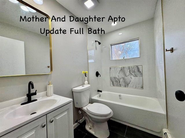 bathroom with toilet, a baseboard radiator, tile patterned floors,  shower combination, and vanity