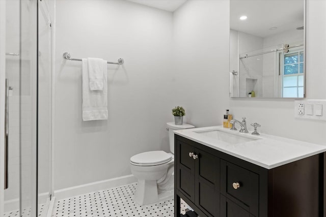 27 Notamiset Rd, Westhampton Beach, NY 11978 - full bathroom with recessed lighting, toilet, a shower stall, vanity, and baseboards