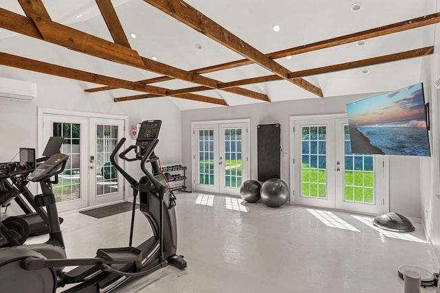 27 Notamiset Rd, Westhampton Beach, NY 11978 - exercise area featuring high vaulted ceiling, french doors, and an AC wall unit
