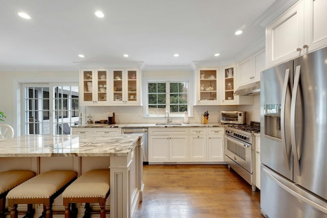 kitchen featuring a breakfast bar, stainless steel appliances, crown molding, under cabinet range hood, and a sink