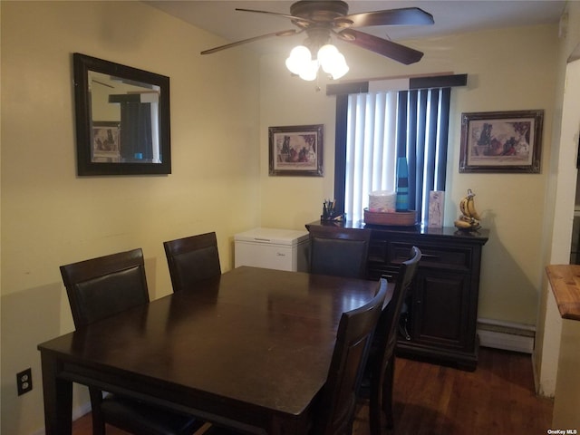 dining area featuring ceiling fan, dark wood-type flooring, and baseboard heating