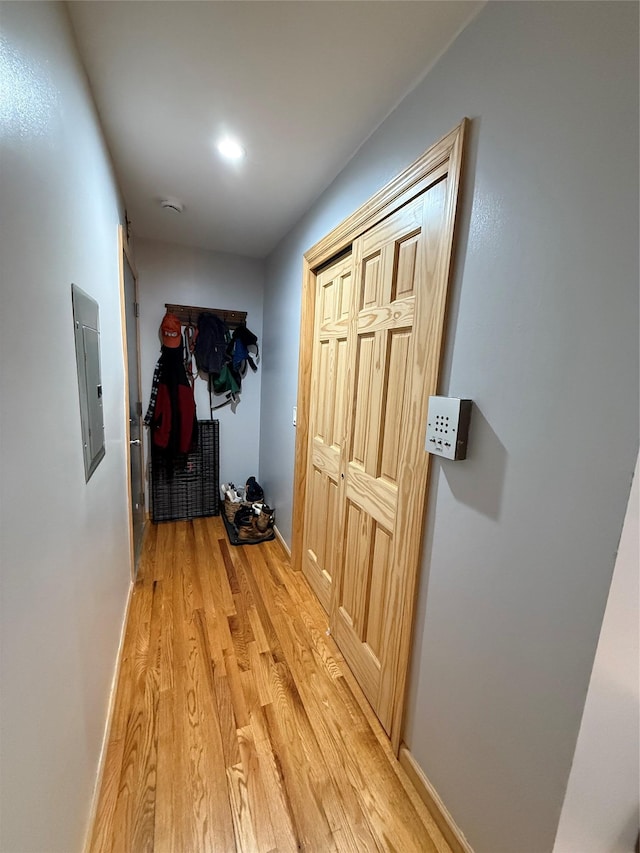 hallway featuring baseboards, electric panel, and light wood finished floors