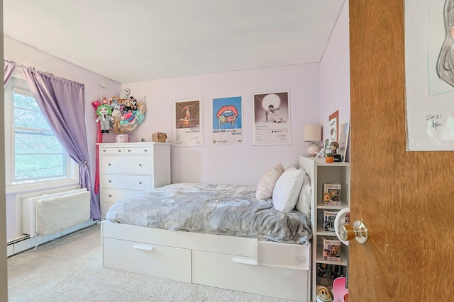 carpeted bedroom featuring an AC wall unit