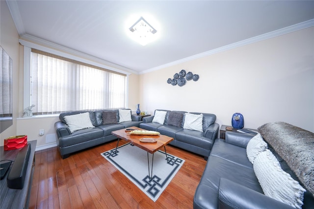 living area featuring ornamental molding, baseboards, and wood-type flooring