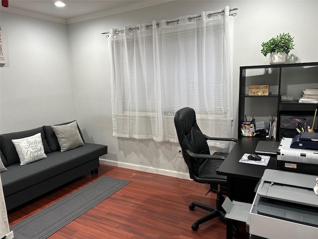 home office featuring baseboards, wood finished floors, and crown molding