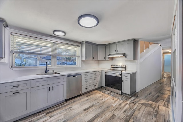 kitchen featuring gray cabinets, under cabinet range hood, a sink, light wood-style floors, and appliances with stainless steel finishes