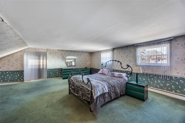 bedroom with wallpapered walls, vaulted ceiling, and carpet floors