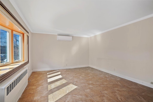 spare room with ornamental molding, radiator, an AC wall unit, and baseboards