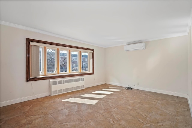 spare room featuring radiator heating unit, baseboards, crown molding, and a wall mounted AC