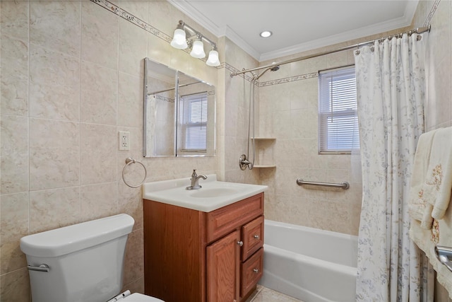 full bathroom with toilet, shower / tub combo, vanity, tile walls, and ornamental molding