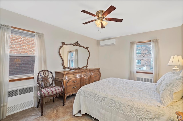 bedroom featuring a wall mounted AC, a ceiling fan, and radiator