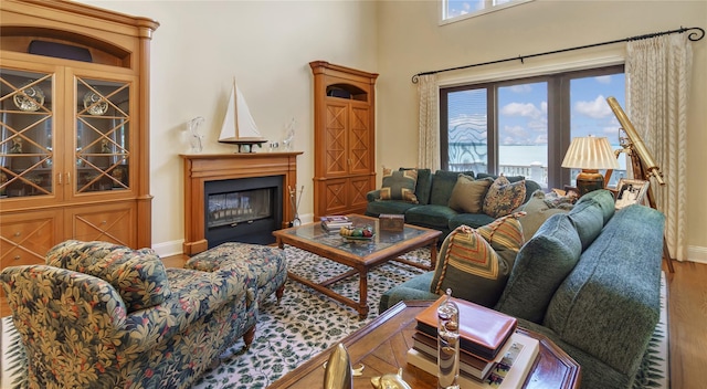 living room with baseboards, a glass covered fireplace, wood finished floors, and a water view