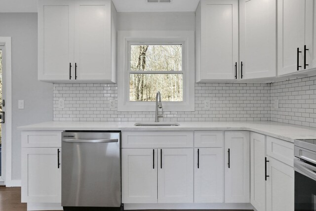 kitchen featuring tasteful backsplash, stainless steel dishwasher, stove, white cabinetry, and a sink