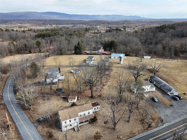 drone / aerial view featuring a view of trees and a mountain view