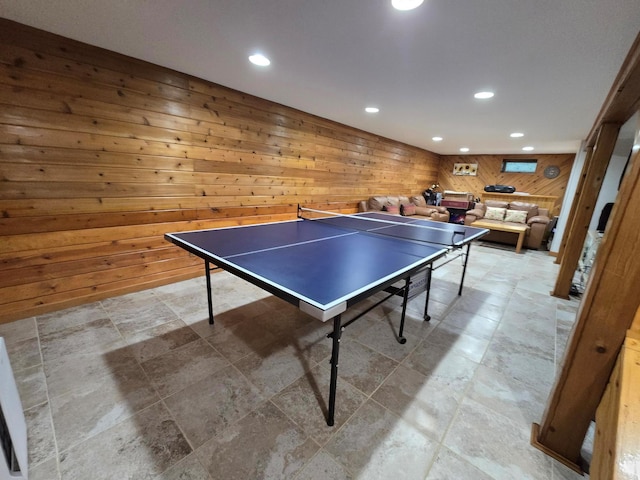 playroom with recessed lighting and wooden walls