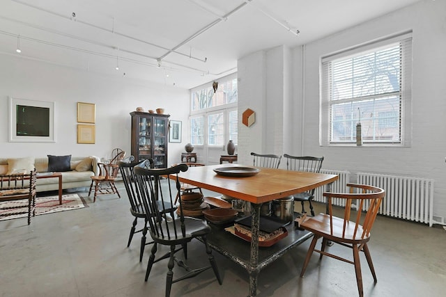 dining room with track lighting, radiator, and concrete floors