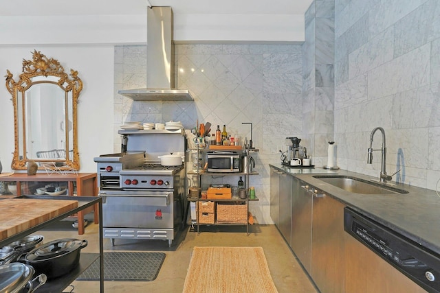 kitchen with a sink, finished concrete floors, stainless steel appliances, decorative backsplash, and extractor fan