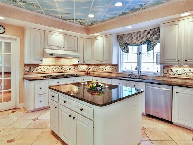 25 Pine Glen Dr, Blauvelt, NY 10913 - kitchen with a sink, dishwasher, gas stovetop, under cabinet range hood, and decorative backsplash