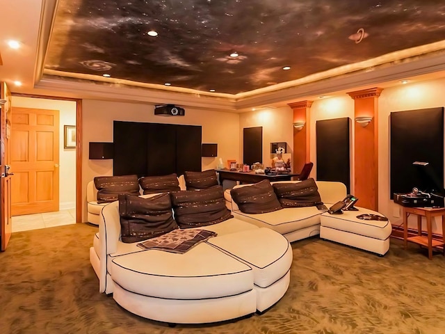 25 Pine Glen Dr, Blauvelt, NY 10913 - tiled cinema room with carpet flooring, a tray ceiling, and crown molding