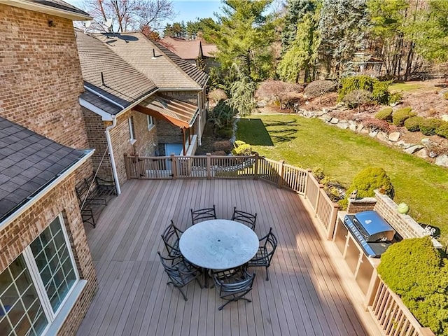 25 Pine Glen Dr, Blauvelt, NY 10913 - wooden terrace featuring grilling area, outdoor dining area, and a lawn