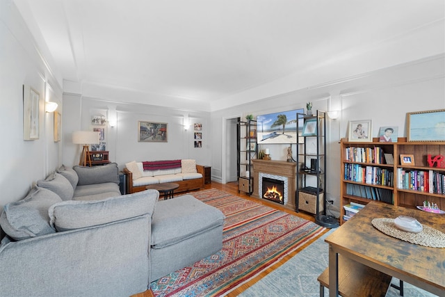 living area featuring a warm lit fireplace and wood finished floors