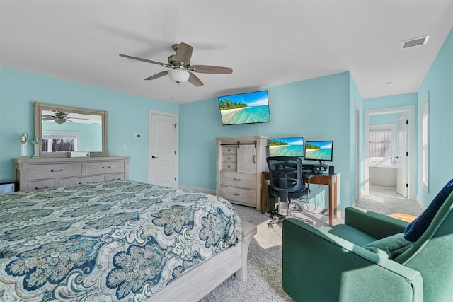 bedroom with visible vents, a ceiling fan, baseboards, and carpet floors