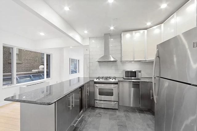 kitchen featuring decorative backsplash, appliances with stainless steel finishes, white cabinets, a peninsula, and wall chimney exhaust hood