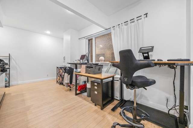 office area featuring light wood-type flooring, baseboards, and recessed lighting