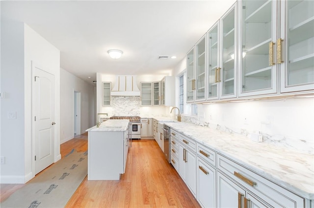 kitchen featuring visible vents, light wood-style flooring, a kitchen island, custom exhaust hood, and stainless steel appliances