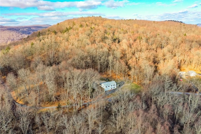 aerial view featuring a mountain view and a view of trees