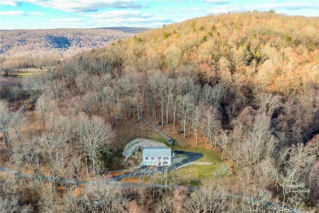 drone / aerial view featuring a wooded view